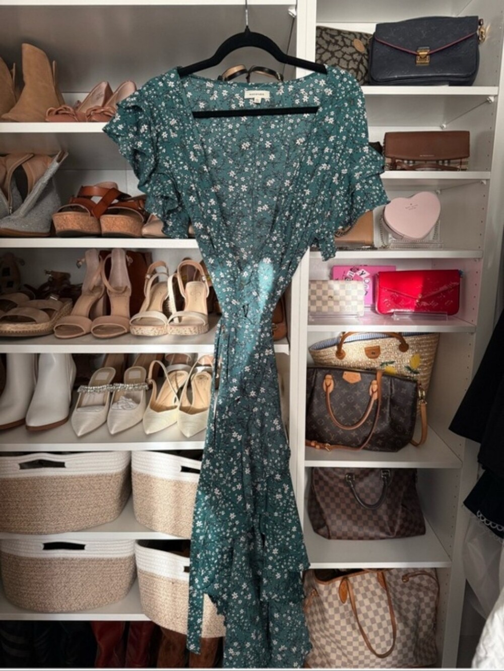 Max Studio Teal Green Floral Ruffle Wrap Maxi Dress
